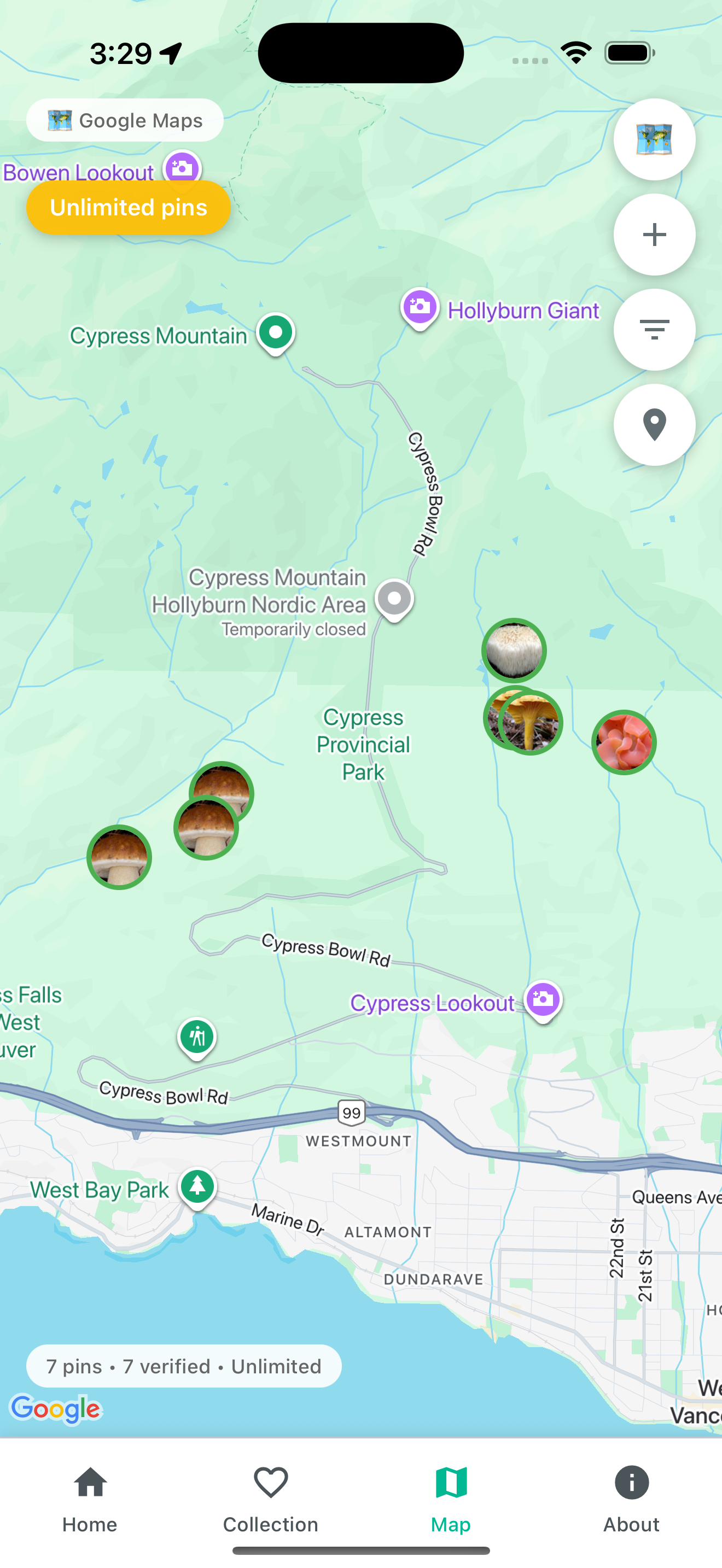 Mushroom Tracker Map Screen